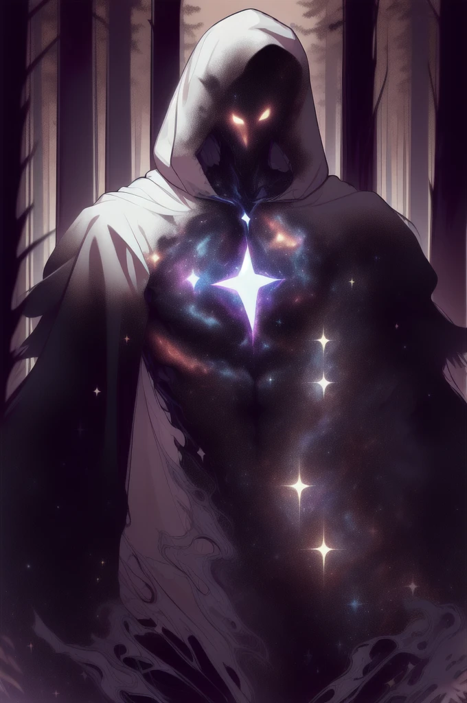 dark celestialskin body , void cosmic body, colored skin, flat color, jet black skin, white cloak, hood on, open book infront of him, silhouette,1boy,
portrait, upper body,in a forest ,