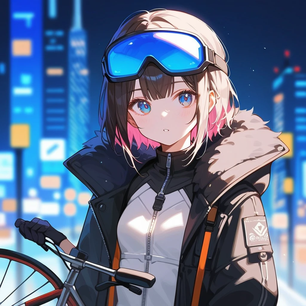 1 female. Bangs hairstyle, face. wearing a down coat, beautiful small breasts, Wearing VR goggles. 22-years-old beautiful female. Early summer cityscape background. Put the hand on the bicycle handle. beautiful hands. pants.
