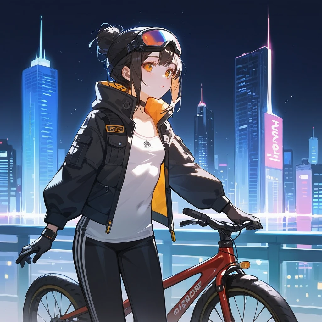1 female. Bangs hairstyle, face. wearing a down coat, beautiful small breasts, Wearing VR goggles. 22-years-old beautiful female. Early summer cityscape background. Put the hand on the bicycle handle. beautiful hands. pants. 