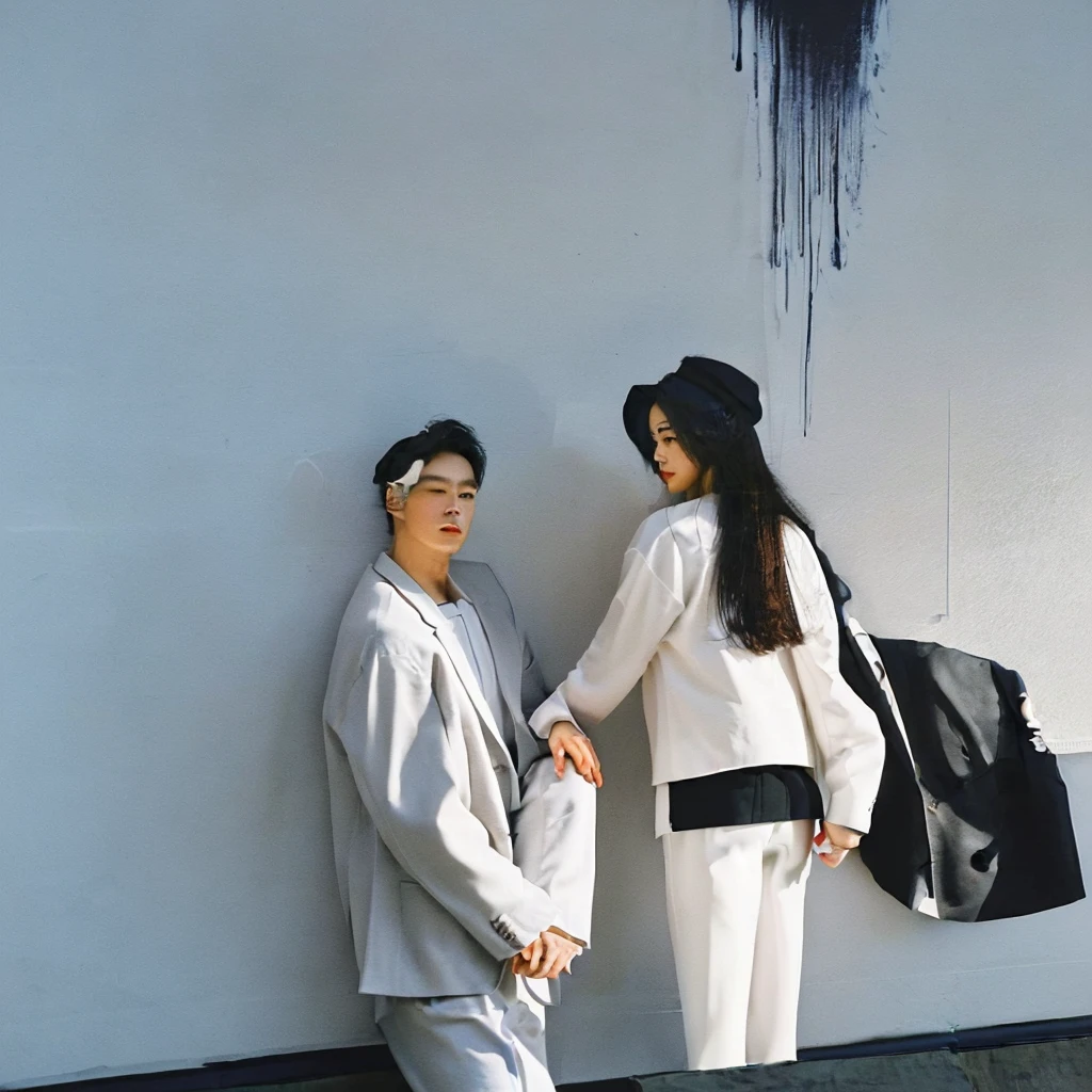 a fashionably dressed man with an air of sophistication along with his very beautiful female partner. He wore casual yet elegant clothes, consisting of a suit, stylish hat. He wore white trousers and an elegant jacket with high healing. The background is a wall with a stunning mix of ink splashes, creating a modern and artistic atmosphere. Playful ink splashes mix with the splendor of the painting, striking a harmonious balance between style and creativity. The couple's confident poses and the artist's skillful brushwork come together to create an image of unsurpassed elegance and refinement.fashion, photo