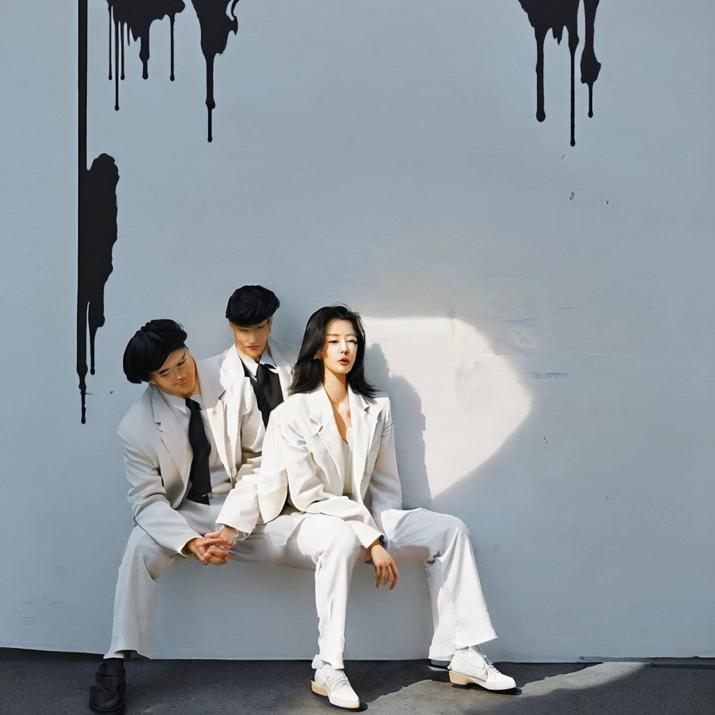 a fashionably dressed man with an air of sophistication along with his very beautiful female partner. He wore casual yet elegant clothes, consisting of a suit, stylish hat. He wore white trousers and an elegant jacket with high healing. The background is a wall with a stunning mix of ink splashes, creating a modern and artistic atmosphere. Playful ink splashes mix with the splendor of the painting, striking a harmonious balance between style and creativity. The couple's confident poses and the artist's skillful brushwork come together to create an image of unsurpassed elegance and refinement.fashion, photo