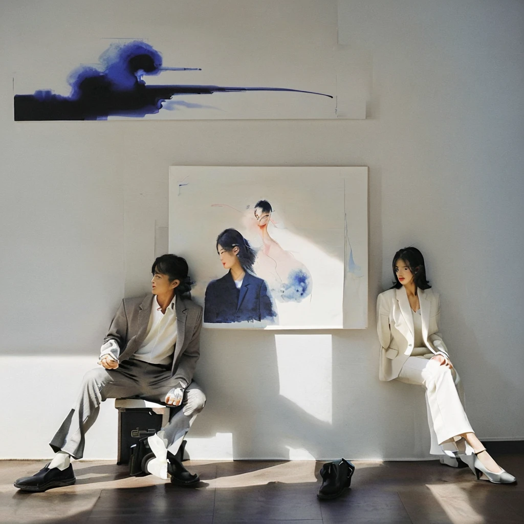 a fashionably dressed man with an air of sophistication along with his very beautiful female partner. He wore casual yet elegant clothes, consisting of a suit, stylish hat. He wore white trousers and an elegant jacket with high healing. The background is a wall with a stunning mix of ink splashes, creating a modern and artistic atmosphere. Playful ink splashes mix with the splendor of the painting, striking a harmonious balance between style and creativity. The couple's confident poses and the artist's skillful brushwork come together to create an image of unsurpassed elegance and refinement.fashion, photo