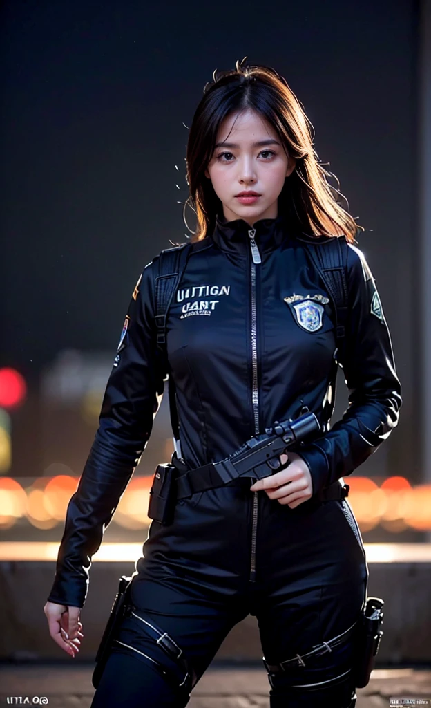 ((Highest image quality, Excellent details, RAW photos、Ultra-high resolution、realism: 1.4)), Favor the details, (Shiny beautiful girl, Beautiful face,Delicate face)、 ((Cowboy shooting)), (Serious facial expression、nervous、adrenaline、Super cool woman), (black racing suit、Blue shirt、Police Counter-Terrorism Unit、, Black and gray mech, Wearing military suspenders, Accurately draw a machine gun、Equipped with machine gun,Great attention to detail), (A large number of devices、Magazine、Night Vision Goggles、gun holster、terminal)、((The background is a secret base、Dark corridoghting Stance、Standing、Check、Dazzling:1.4))