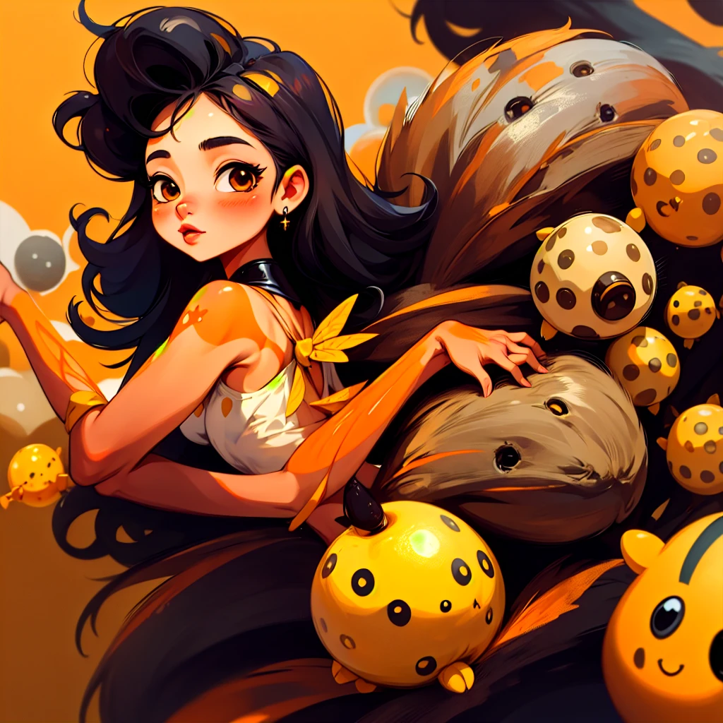 sticker,1girl, bumble bees and tan girl with black hair