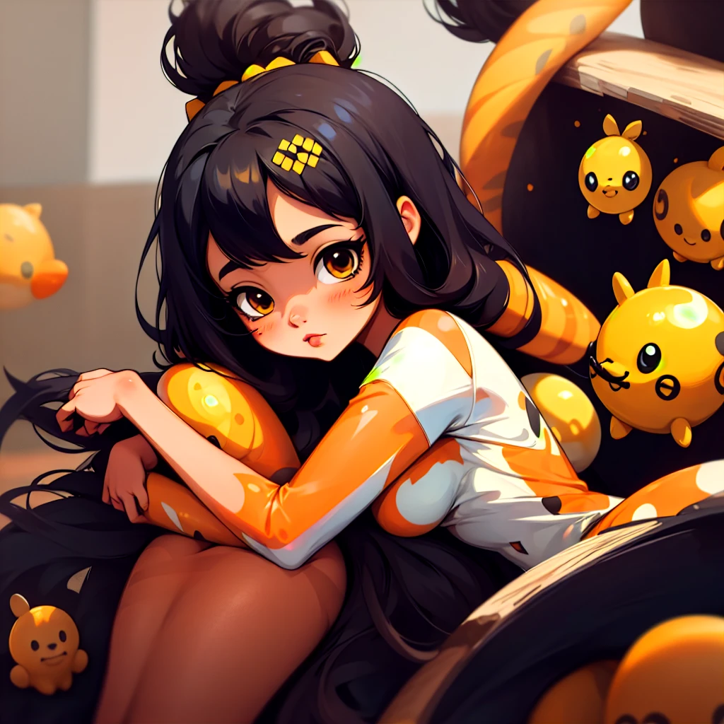 sticker,1girl, bumble bees and tan girl with black hair