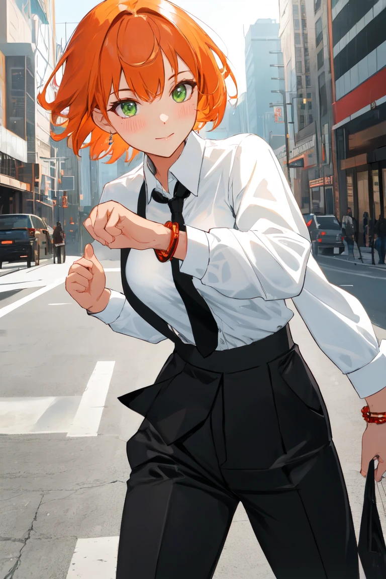 masterpiece, best quality, highly detailed background, perfect lighting, best quality, (extremely detailed face), volumetric lighting, intricate details, shadow, tonemapping, sharp focus, hyper detailed, trending on Artstation, (solo)
BREAK
(Blush, orange hair, green eyes, 25 years old, short hair, medium build, medium breasts ), (hands)
BREAK
((White shirt, long sleeve shirt, black pants, black tie, red bracelet))
BREAK
(city street )
BREAK
(Standing, facing_viewer,looking_at_viewer, light smile, closed mouth, (fighting pose))