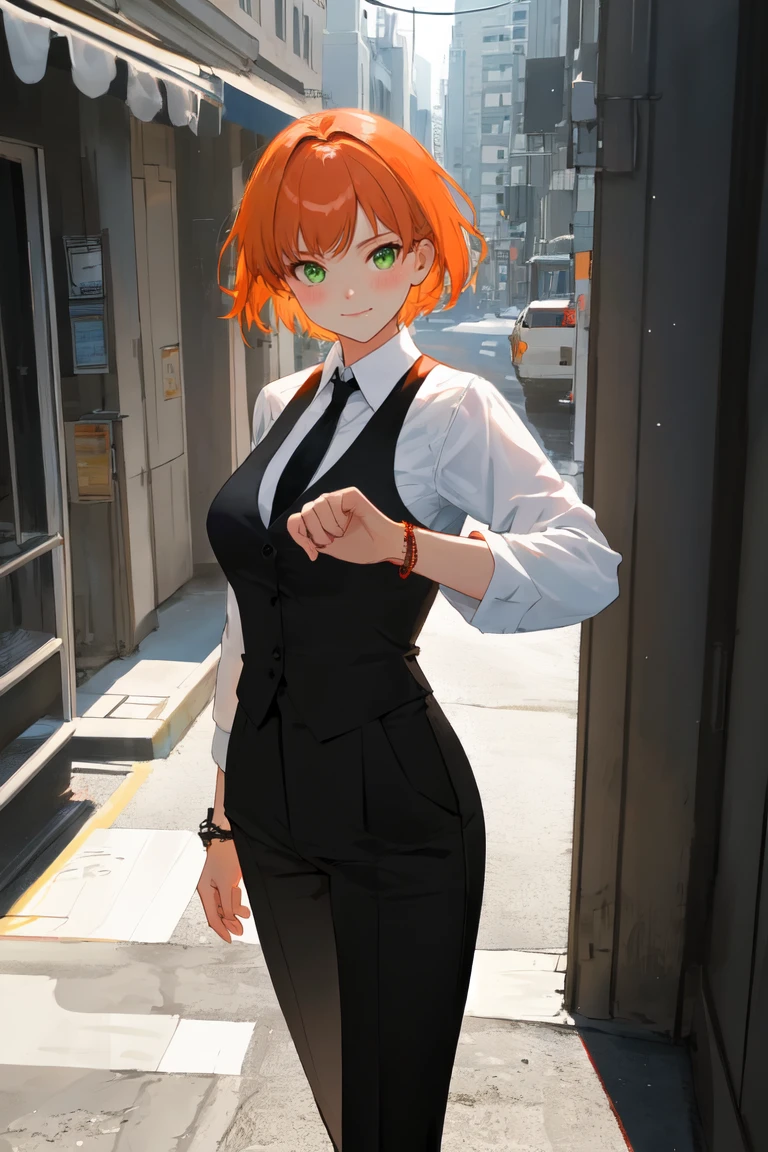 masterpiece, best quality, highly detailed background, perfect lighting, best quality, (extremely detailed face), volumetric lighting, intricate details, shadow, tonemapping, sharp focus, hyper detailed, trending on Artstation, (solo)
BREAK
(Blush, orange hair, green eyes, 25 years old, short hair, medium build, medium breasts ), (hands)
BREAK
((White shirt, long sleeve shirt, black pants, black tie, red bracelet))
BREAK
(city street )
BREAK
(Standing, facing_viewer,looking_at_viewer, light smile, closed mouth, (fighting pose))