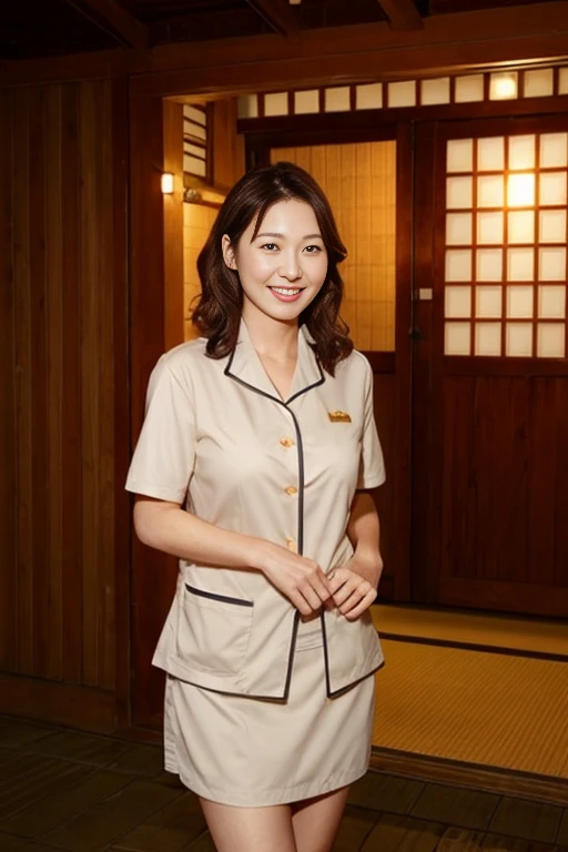 Portraiture、8K、high quality、Realistic Photographic Images、39 years old、Japanese women、A fine wife、young proprietress of an inn、Natural and realistic eyes、Japanese Stand、、美しいBlack Hair、short hair、short hair、light makeup、Octane Rendering、Beautiful lighting、Golden ratio composition、Laughter、Short sleeveの作業着、Light-colored work clothes、Short sleeve、Hotel staff attire、Short sleeve、Miniskirt costumes、Loosen your thighs、Very short skirt、panties、Standing at the entrance to a hot spring inn、Ryokan Sandals、Welcome customers、welcome、Hot spring inn entrance background、The entrance is bright、4K、High resolution、Realistic Photographic Images、Japanese women、39 years old、Pure Japanese humanity、Beautiful wife、Upper Body、Beautiful breasts、Breast enlargement、light makeup、、Pure beauty、Mature Woman、A refreshing smile、Open your mouth、Black Hair、black eye、