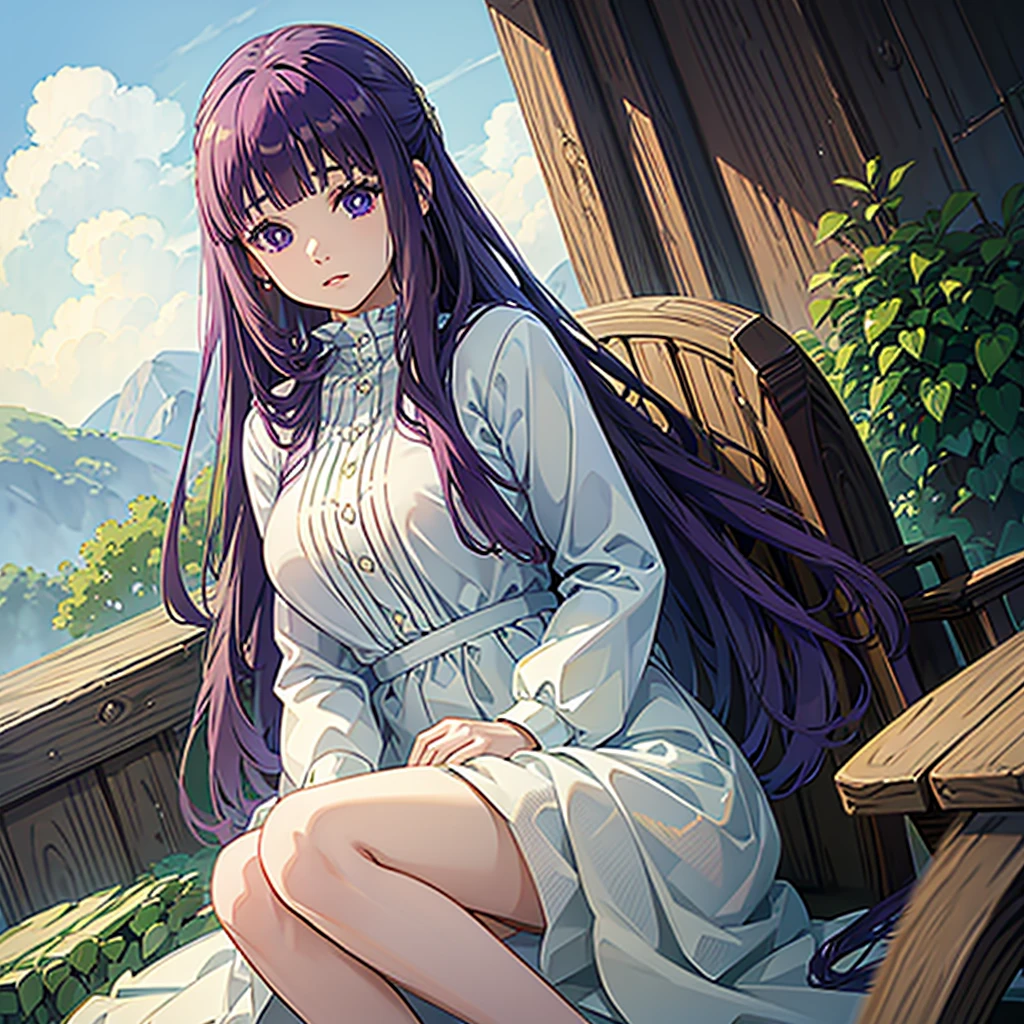 A young girl with long purple hair, beautiful detailed eyes, beautiful detailed lips, extremely detailed face, long eyelashes, wearing a flowing dress, serene expression, sitting on a mossy rock in a fantasy landscape, (best quality,8k,highres,masterpiece:1.2),ultra-detailed,(realistic,photorealistic:1.37),cinematic lighting, vibrant colors, dramatic lighting, dramatic clouds, golden hour