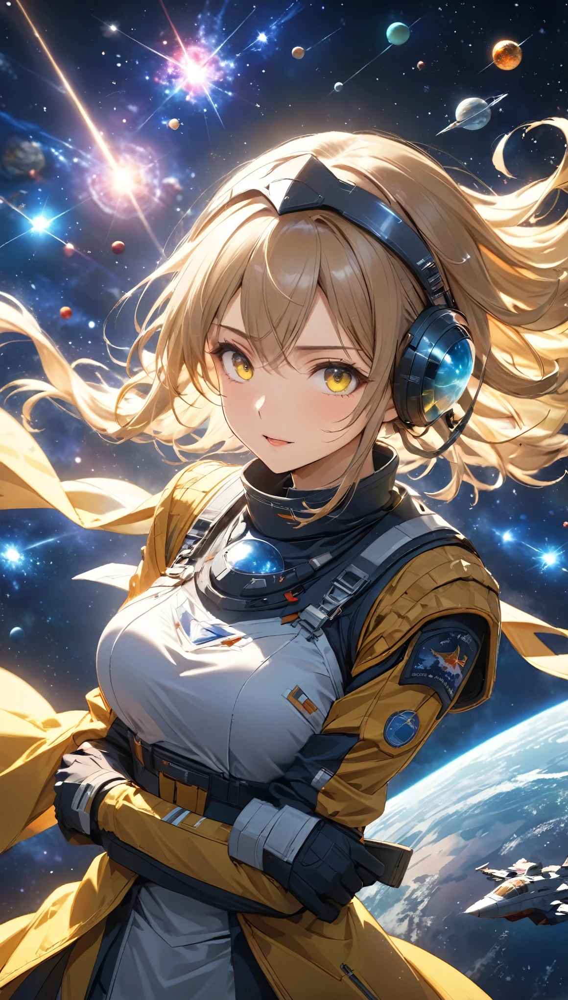 Highest quality, Highest quality, 16K, Unbelievably absurd, Very detailed, 2.5D, delicate and dynamic, universe, planet, war, universe戦艦ヤマト, 鮮やかな色のplanet, Tiny faint lights and colorful meteors, space ships, universeステーション, Very delicate facial expressions, Delicate eye depiction, Upper body close-up,, erotic, dynamic sexy poses, Only sexy women, Healthy body shape, 22-year-old woman, Commander, Height: 170cm, Large, firm, swaying bust, Clear glass helmet, 艶やかな黄色いuniverse服, Crystal Yellow, Medals, 複雑な構造のuniverse服, , Movie battle scenes, Take command in the control room