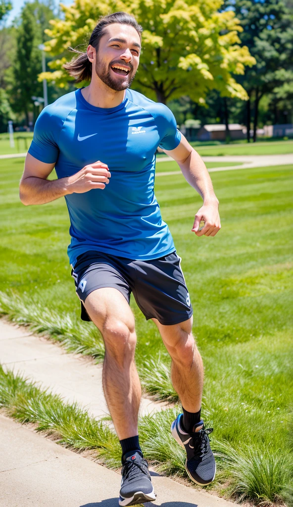 (8k, RAW photo, best quality, masterpiece:1.2), (Realistic, foto-Realistic:1.37), very detail, 1 person, Running, Alone, garden details, midday, Sports clothing, (happy face), (smile: 1.1), (mouth open), athletic body, bright eye details, (running shoes: 1.1), Sports clothing ketat, (hair down:1.2), hair moves with the wind