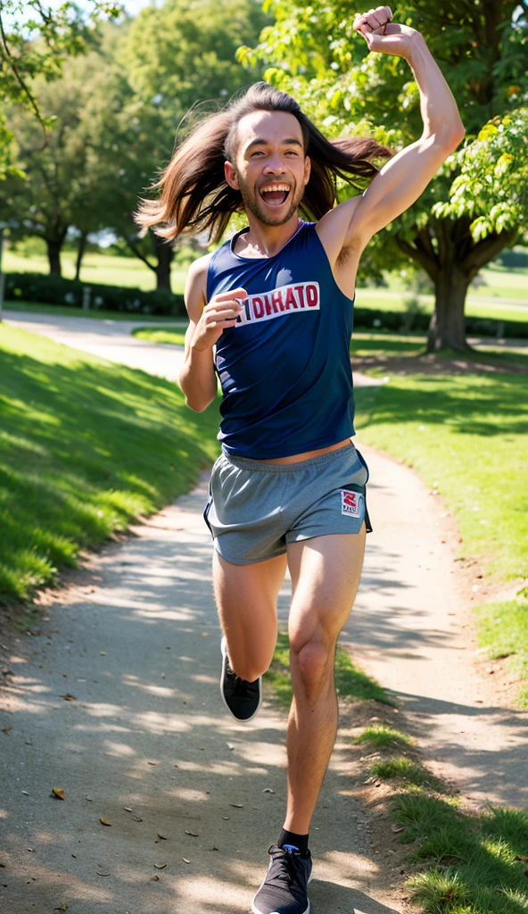 (8k, RAW photo, best quality, masterpiece:1.2), (Realistic, foto-Realistic:1.37), very detail, 1 person, Running, Alone, garden details, midday, Sports clothing, (happy face), (smile: 1.1), (mouth open), athletic body, bright eye details, (running shoes: 1.1), Sports clothing ketat, (hair down:1.2), hair moves with the wind
