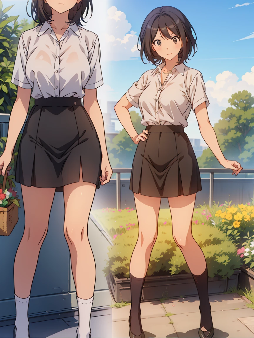 ((1 Girl))Happy,Outdoor.garden((Multiple Views))Best image quality,High brightness,whole body,Low Angle,suit、Pencil Skirt、Lace panties,Super Mini Skirt,gentlemen、Take off your shirt、Lace bra、Nipples、loose socks、Official Anime,amagami,Maya Takahashi