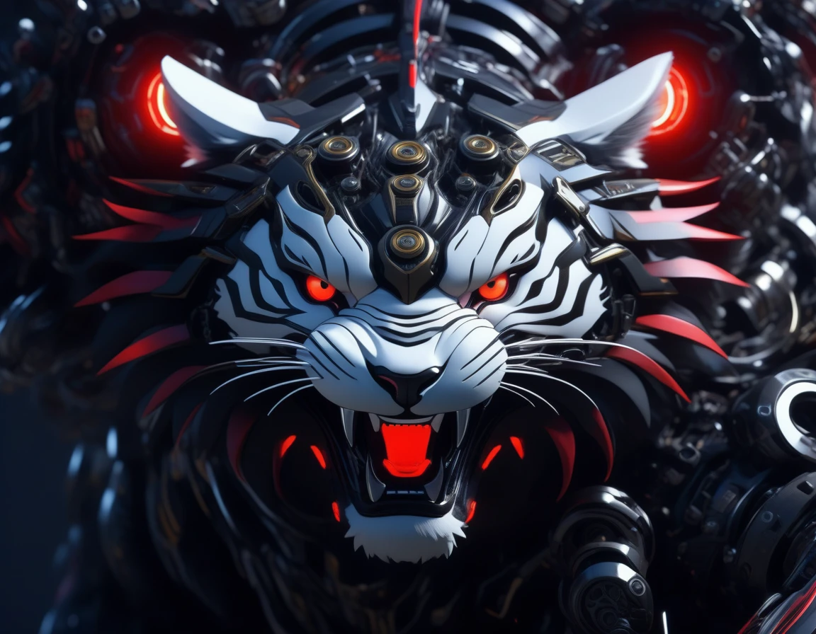 ((Masterpiece)), ((Best Quality)), (Very Detailed), ((Very Detailed)), 4K, (8K), very aesthetic, absurdres highres, Draw a futuristic robotic tiger. This Tiger's design combines organic elements with advanced mechanical elements. Tigers have white fur with black stripes and a slim, strong physique. Parts of the body are based on natural cat anatomy, while other parts have mechanical features such as exposed gears and metal plates, red glowing elements, and the eyes are red glowing. It has sharp fangs in its mouth, and metal plates can be seen on its body. Exposed gears can be seen rotating, front and hind legs are strong, and metal joints are visible. The claws are sharp and have red glowing energy flowing through them. action pose, dynamic angle,
