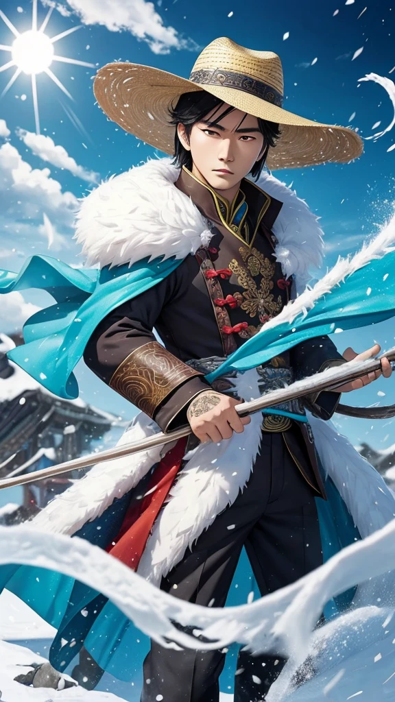 Chinese comics, ((Handsome, Serious, Fengshenbang, Jiang Ziya,)), Snow Mountain (snowflake), Grass coat, Straw Hat 1:2, fantasy