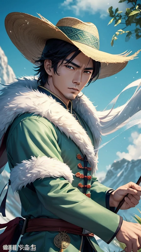 Chinese comics, ((Handsome, Serious, Fengshenbang, Jiang Ziya,)), Snow Mountain (snowflake), Grass coat, Straw Hat 1:2, fantasy
