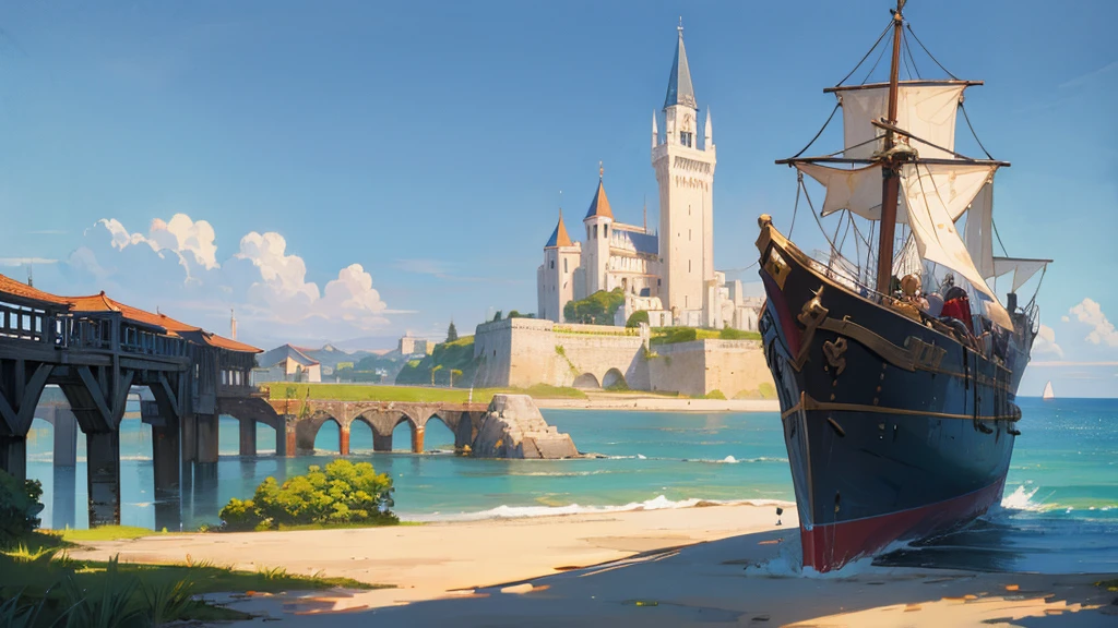 Anime Style,Nostalgic,Detailed background,The medieval world,Seaside,Beautiful sky,Beautiful Elf with a Bard's Smile,guitar,Large Breasts,Healthy thighs