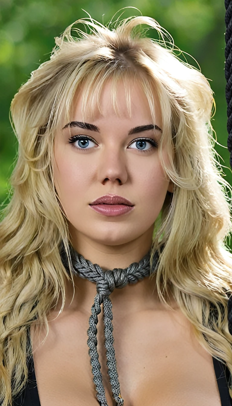 full body of gorgeous buxom blond girl ((hanging from a noose tied around her neck))) ((horror)) (((naked)))