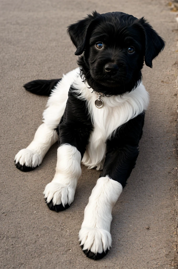 Shaggy black puppy with white hand ang white legs