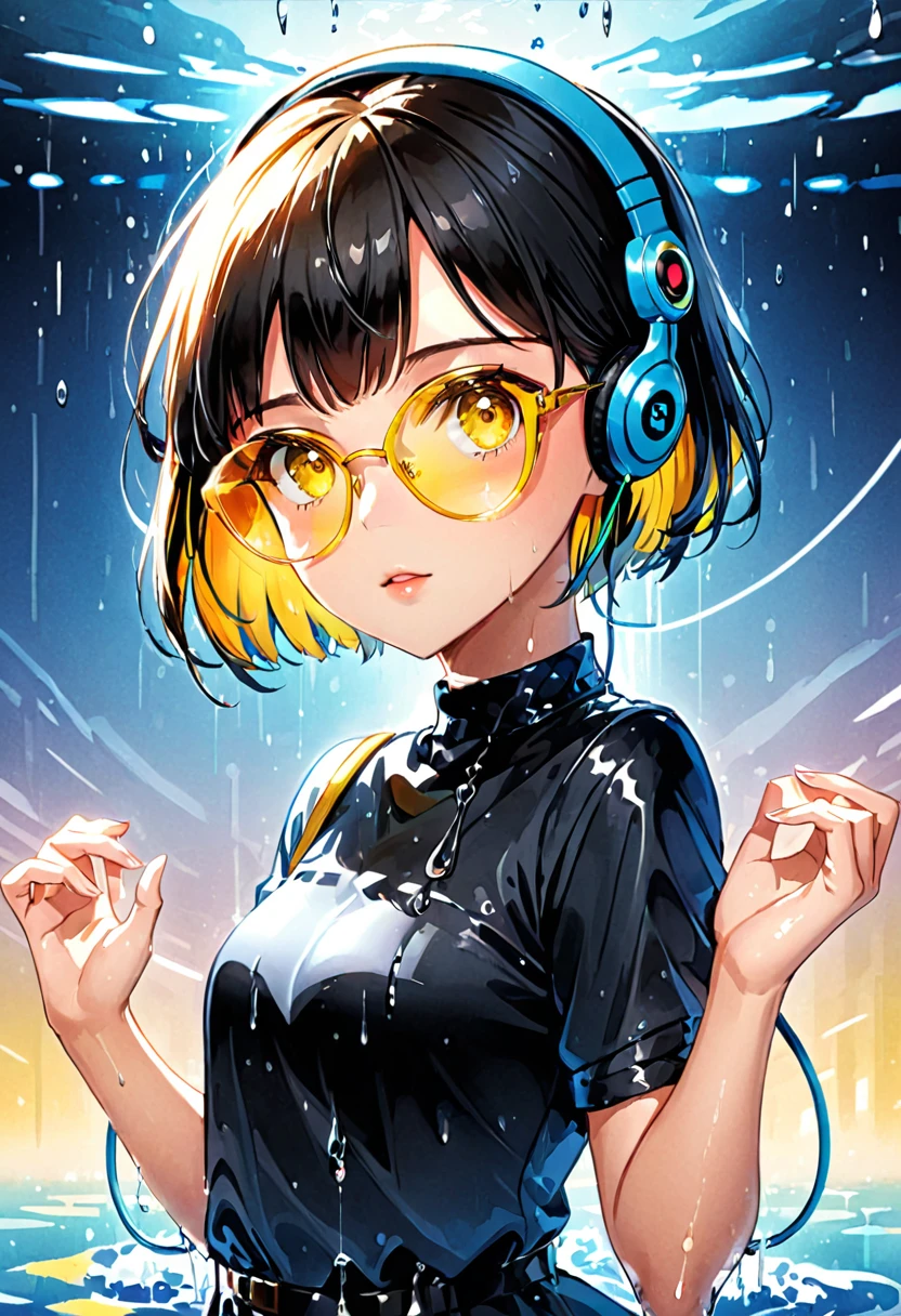 ((top-quality)), ((​masterpiece)), ((ultra-detailliert)), (extremely delicate and beautiful),1 girl, smile, (((yellow glasses:1.3))), (headphone:1.2), shiny hair, black short hair, blunt bangs, short sleeves, shirt, skirt, (small) chiralism, Japan high school , seravuk, summer clothes, squall-wet uniform, sheer bra, (portrait from knee up),