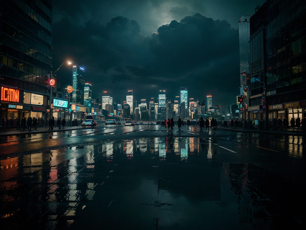a city at night, cityscape, skyscrapers, neon lights, bright lights, illuminated buildings, reflective windows, busy streets, traffic, people walking, rainy weather, puddles, reflections, moody atmosphere, cinematic, dark tones, dramatic lighting
