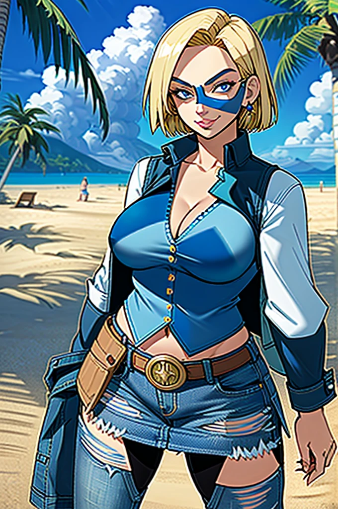 1girl, (solo:1.2), (standing:1.3), (interacting:1.3), (cowboy shot:1.5), (curvy:1.2), smile, happy, at ease, (masterpiece:1.3), (best quality:1.3), (perfect anatomy:1.4), highly detailed, (tropical beach:1.3), palm trees, azure blue water, daylight, summer,, android18, earrings, denim, belt, blonde hair, blue eyes, short hair, jewelry, (denim vest:1.2), open vest, black pantyhose, black shirt, denim skirt, (white striped long sleeves), blue skirt, large breasts, 55level, semi-traditional artstyle, (clean lineart:1.3), (soft shading:1.2), expert shading