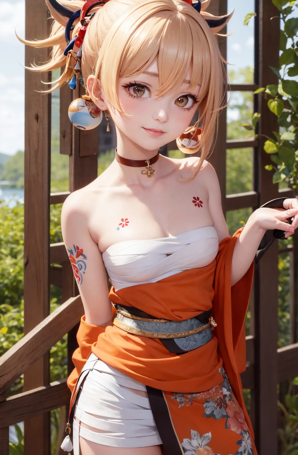 (Realistic painting style:0.9), masterpiece, (best quality), absurdres, looking at viewer, no pupils, (detailed eyes), 1girl, yoimiyadef, upper body, smile, blush, outdoors, day, simple background,