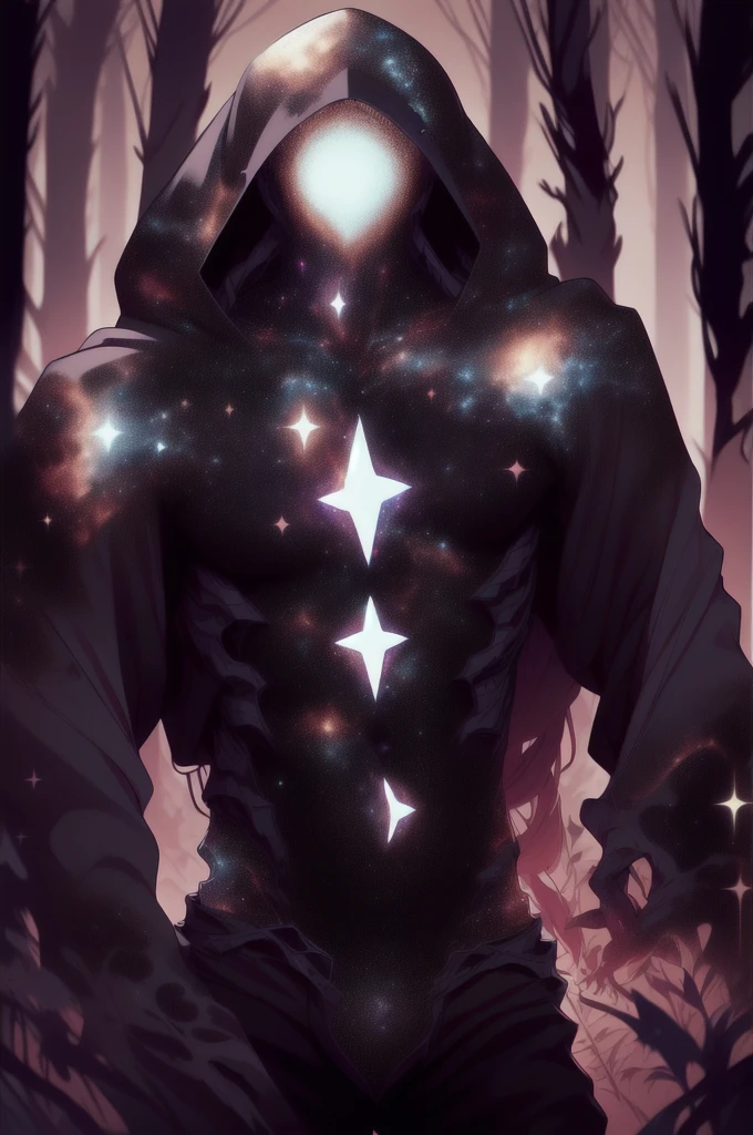 dark celestialskin body , void cosmic body, colored skin, flat color, jet black skin, white cloak, hood on, open book infront of him, silhouette,1boy, 
portrait, upper body,in a forest ,