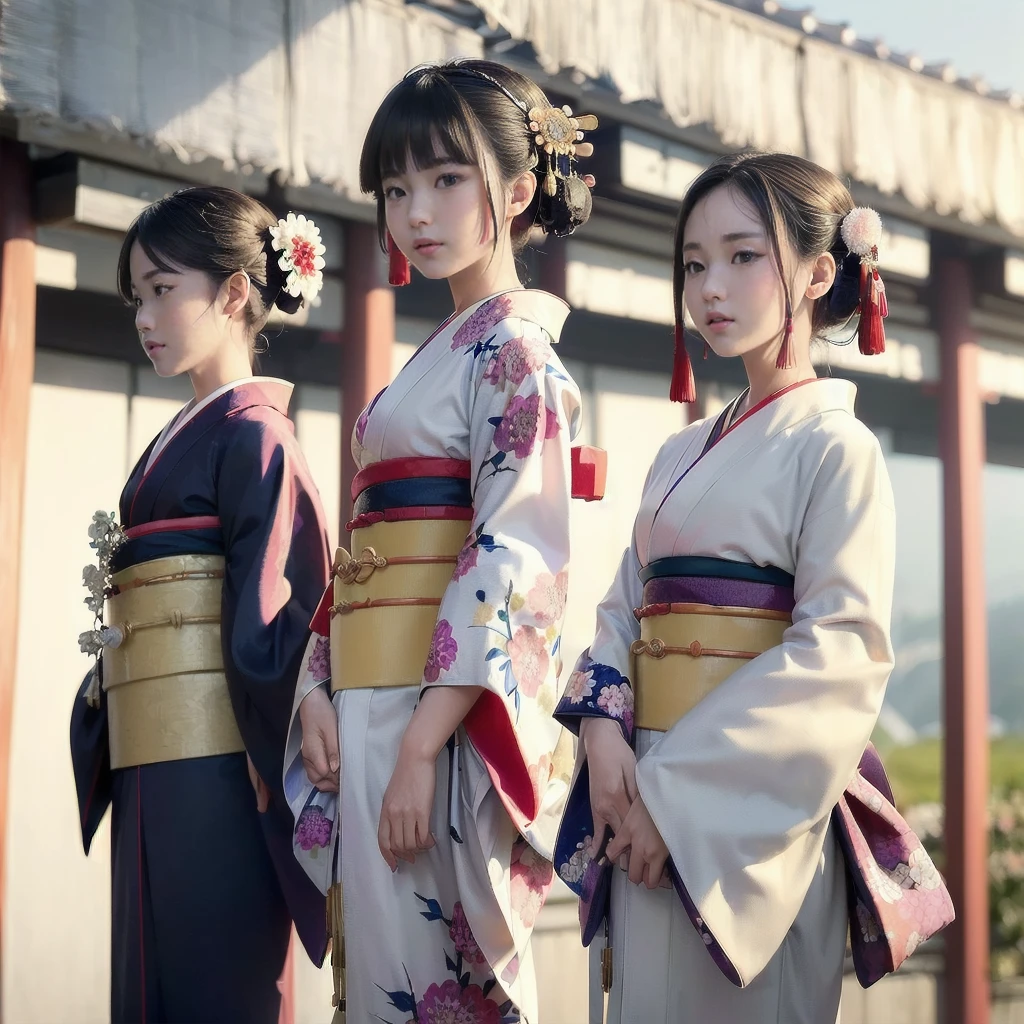 best quality, masterpiece, New Year, (Kimono with strikingly beautiful colors:1.7), Three Japanese high-school cute girls, looking straight, gently smiling, white short scarf, white feather shawl, (separately side by side:1.4), (The image shows only the upper body:1.7), shrine background, winter(season),(outdoors:1.5)