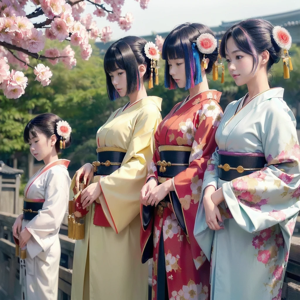 best quality, masterpiece, New Year, (Kimono with strikingly beautiful colors:1.7), Three Japanese high-school cute girls, looking straight, gently smiling, white short scarf, white feather shawl, (separately side by side:1.4), (The image shows only the upper body:1.7), shrine background, winter(season),(outdoors:1.5)