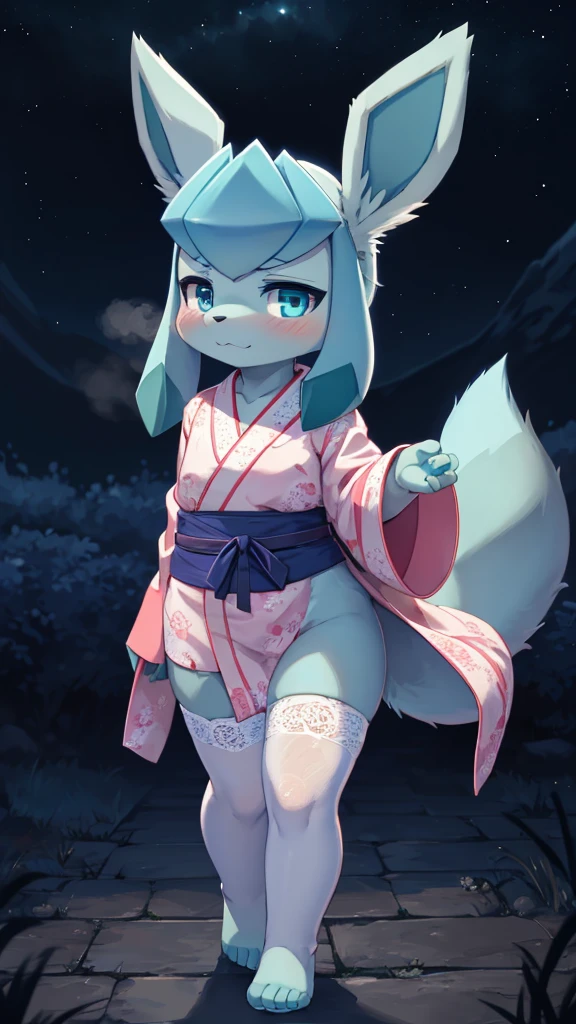 chibi kemono, art by dagasi, (toddler:1.5), beautiful girl, Uploaded to e621.net, fox boy, (Pixelsketcher), (wamudraws), (masterpiece), (HD), (high res), (feet visible), (furry anthro), (detailed fur), (detailed shading), (beautiful render art), anthro Glaceon, cyan eyes, glowing eyes, neon eyes, (toddler glaceon), furry, (blue fur), glaceon ears, snout, [(slim figure, flat chest, skinny)], (curvy hips), (beautiful legs), spectral color, (wearing a Kimono, beautiful and detailed light grey kimono), white lace stockings, (really dark night:1.5), [zero lighting], northern lights in the background, night sky, looking at the viewer with longing, full face blush, heavy breath, shy expression eyes, Glaceon, 