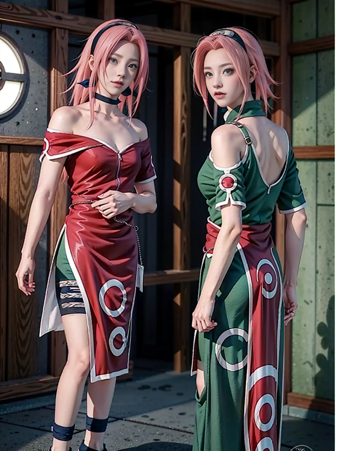 Japanese cartoons girl with pink hair and green eyes staring at something, Sakura Haruno, Sakura Haruno in slug sage mode, Sakura Haruno, Golden Eye Circle, Japanese cartoons火影”,Gold Collar, Pure white off-shoulder top,screenshot from a 2012s Japanese cartoons, Fine details. Japanese cartoons. From "Final Fantasy 13", as an Japanese cartoons character