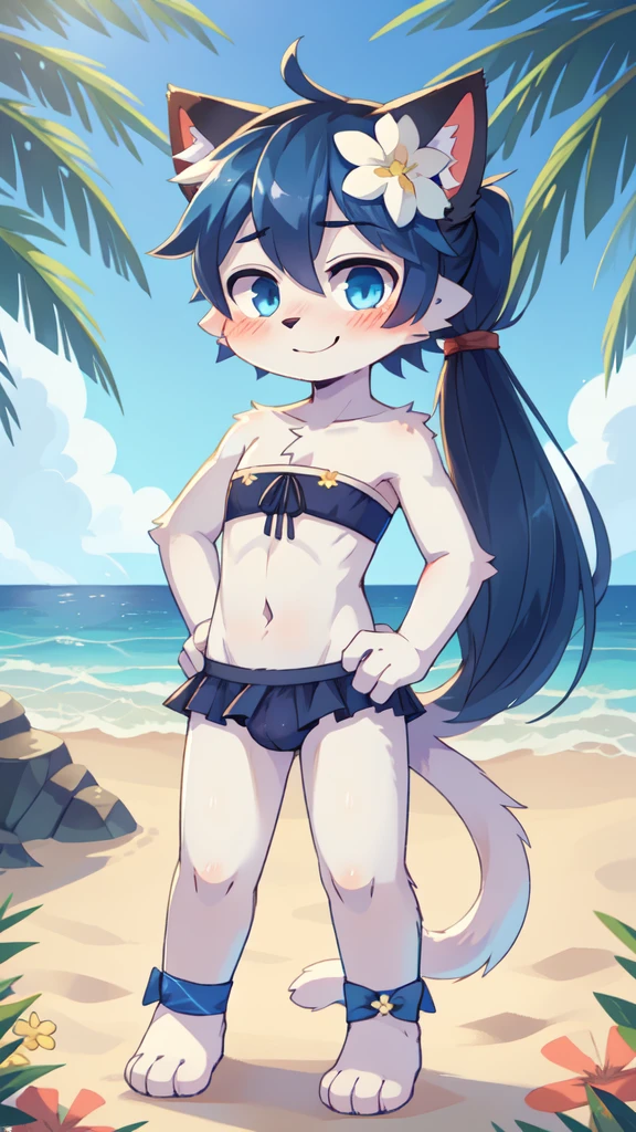 score_9,score_8_up,score_7_up, source_cartoon, source_furry, cat boy, cat tail, dark blue hair, hair over one eye, high long ponytail with volume, furry, blush, looking at viewer, smile, 1boy, cat ears, furry male, white body fur, ((flower on hair, dark blue strapless fringed bandeau bikini)), beach, clear sky, blue eyes, blush, shy, navel, femboy, full body, feets with three toes, three toes, standing, hands on hips,