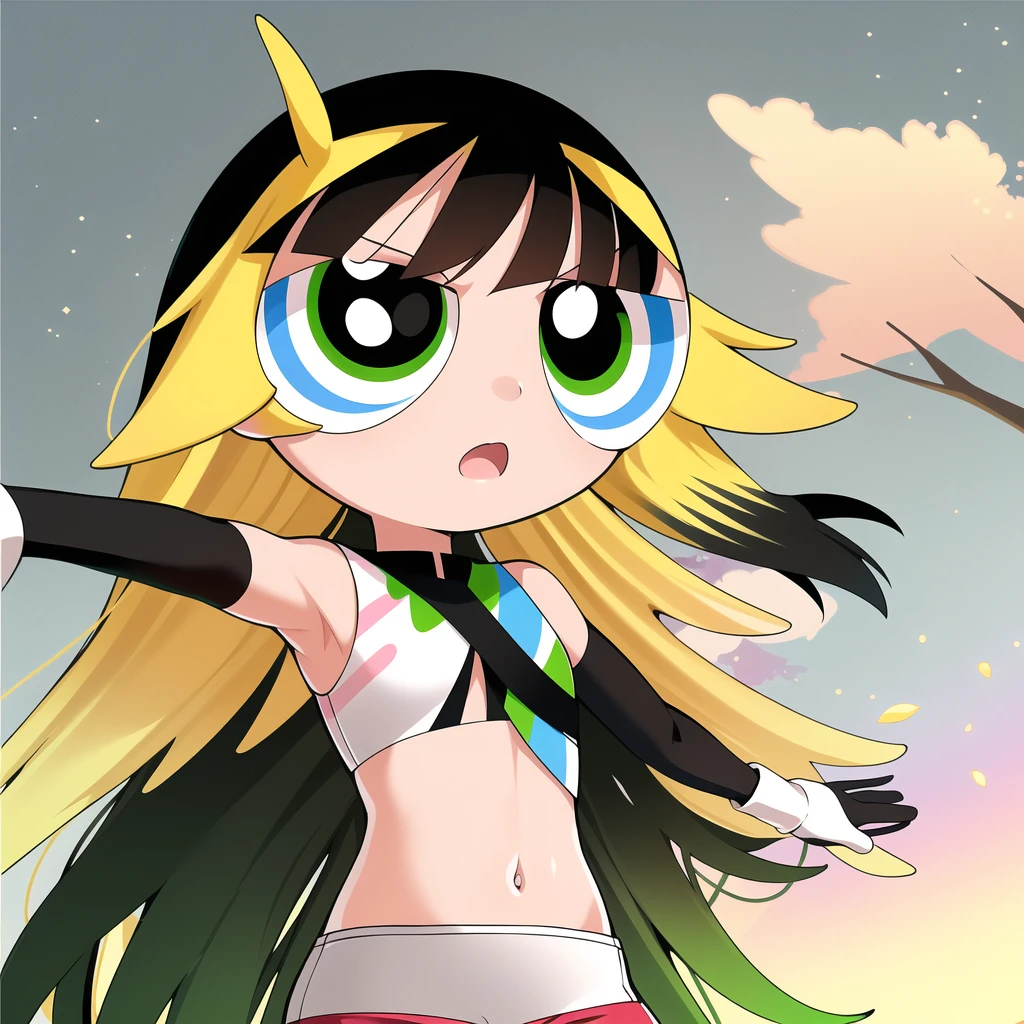 jianxindef, (long hair, gradient hair, black hair:1.3), chibi, 1girl, multicolored hair , green eyes,  gloves, jewelry, black shorts, asymmetrical gloves, (upper body),