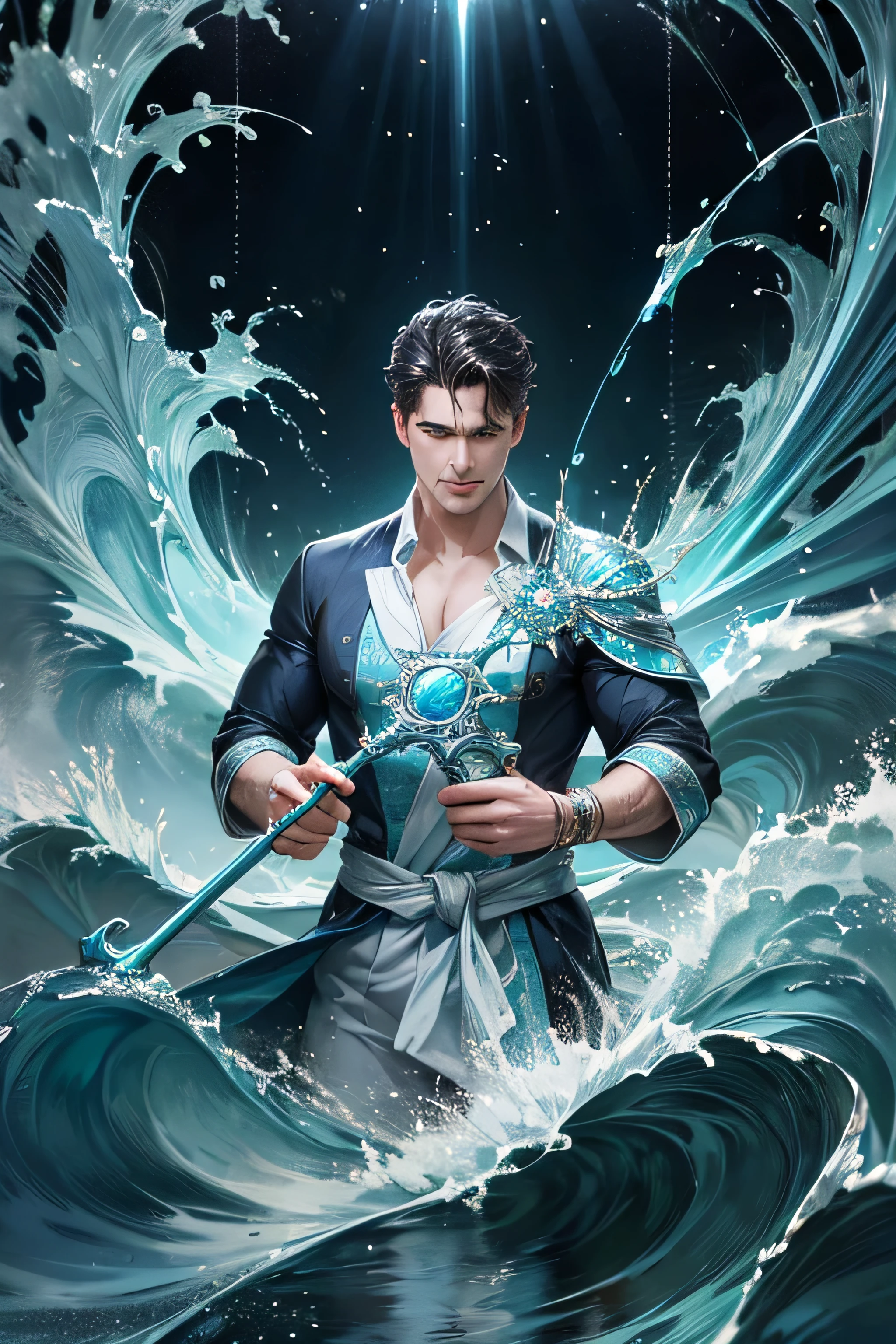 "Create an ultra-realistic image of a handsome 42-year-old man holding an aqua magical staff that emanates the powerful essence of water. Depict him surrounded by flowing currents, cascading waves, and shimmering droplets to highlight his command over the element of aqua. He should have an aqua sign marked on his body, signifying his role as the keeper of aqua and showcasing the dynamic, fluid energy of water he possesses within him."