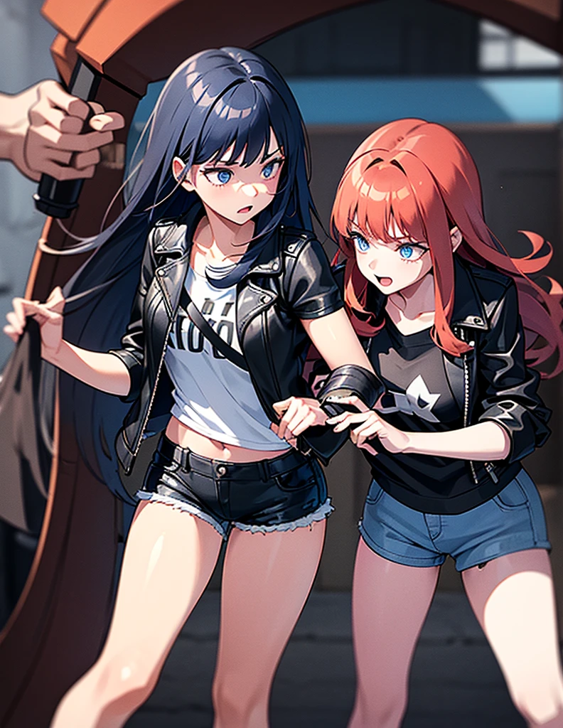 Two young girls, a young red-haired girl with blue eyes wearing a black leather jacket and a short white shirt with short blue denim shorts, and the second girl, a young girl with long black hair, blue eyes, a black leather jacket and a black shirt with short blue denim shorts., en una battle, dos chicas fighting, fighting, battle,