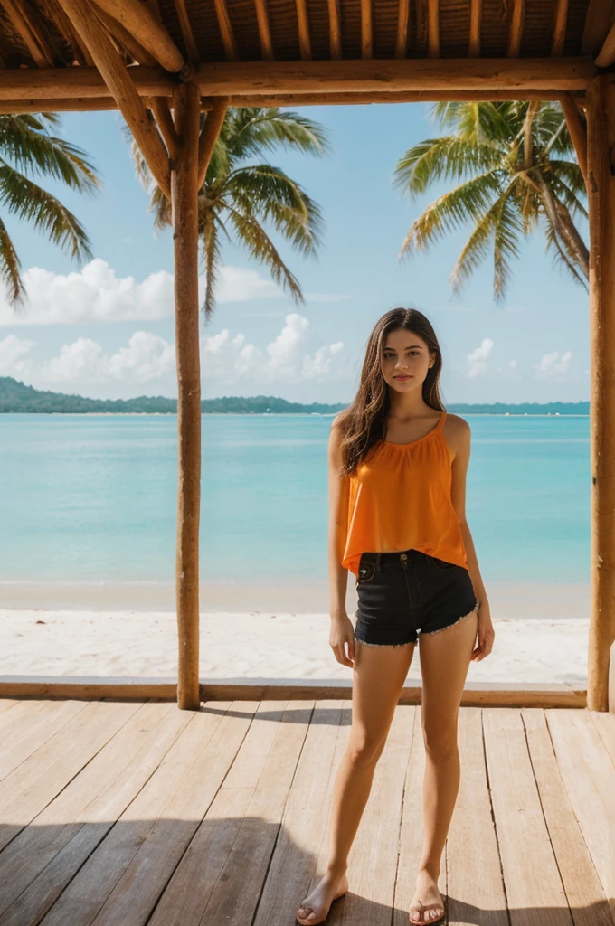 her name is Annie, high quality, 1girl, ((20-year-old fit Caucasian woman)), ((20 years old)), ((fit)) black long hair, pose: standing, wearing bright colored unique g gen Z modern wear, BACKGROUND: Woke up to the sight of overwater bungalows surrounded by clear turquoise waters and vibrant coral reefs."