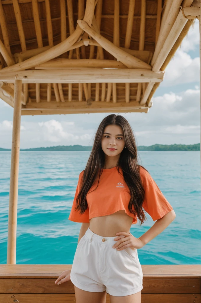 her name is Annie, high quality, 1girl, ((20-year-old fit Caucasian woman)), ((20 years old)), ((fit)) black long hair, pose: standing, wearing bright colored unique g gen Z modern wear, BACKGROUND: Woke up to the sight of overwater bungalows surrounded by clear turquoise waters and vibrant coral reefs."
