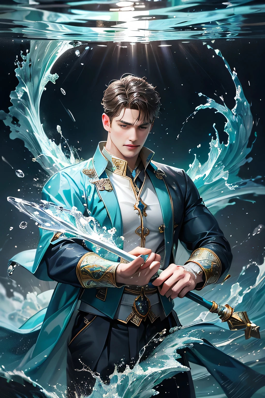 "Create an ultra-realistic image of a handsome 42-year-old man holding an aqua magical staff that emanates the powerful essence of water. Depict him surrounded by flowing currents, cascading waves, and shimmering droplets to highlight his command over the element of aqua. He should have an aqua sign marked on his body, signifying his role as the keeper of aqua and showcasing the dynamic, fluid energy of water he possesses within him."