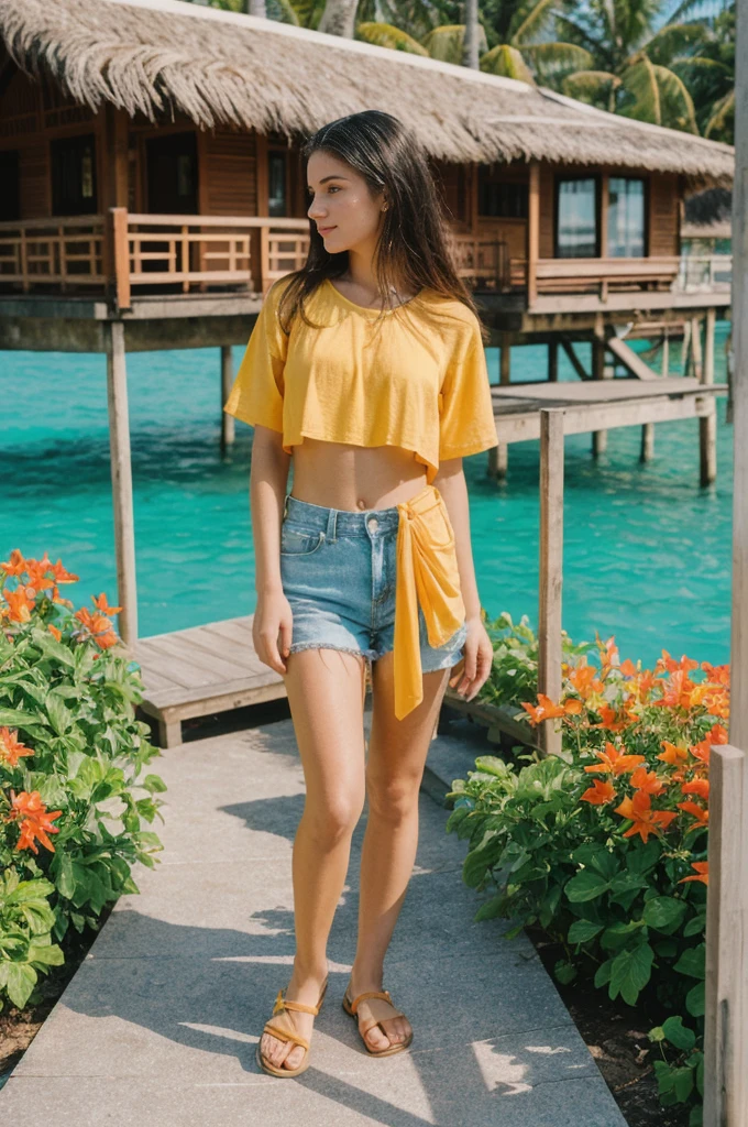 her name is Annie, high quality, 1girl, ((20-year-old fit Caucasian woman)), ((20 years old)), ((fit)) black long hair, pose: standing, wearing bright colored unique g gen Z modern wear, BACKGROUND: Woke up to the sight of overwater bungalows surrounded by clear turquoise waters and vibrant coral reefs."