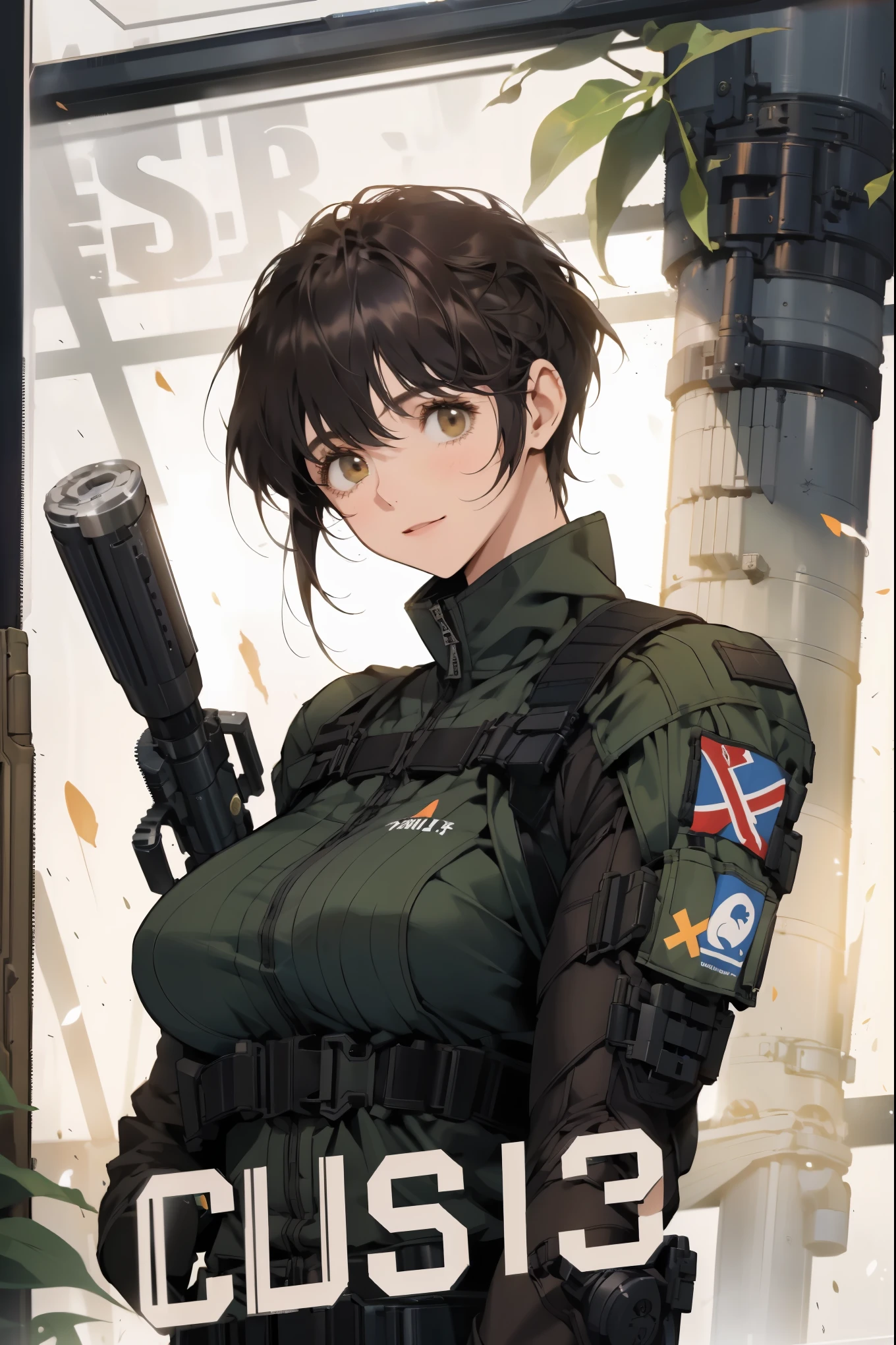 1 girl, Solitary, 30 years old, Chris Redfield, bule, Wearing a gray T-shirt, Fake laugh, Black shoulders，BSAA logo on shoulder, Military Tactical Suit, High target, ??????, Break, best quality, masterpiece, high resolution:1.2, Upper body shooting, No background.