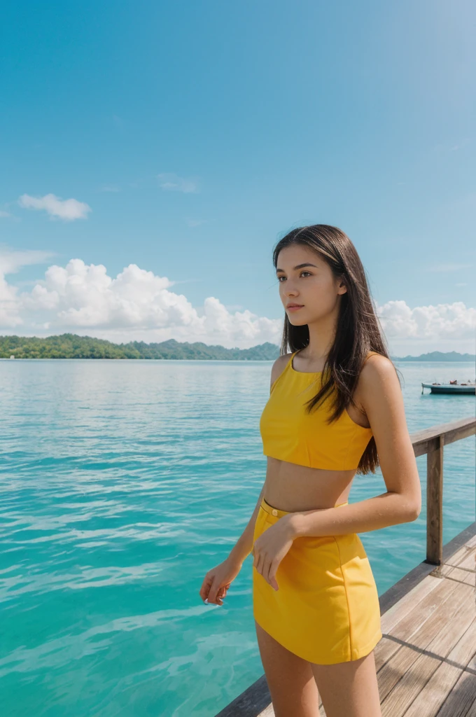 her name is Annie, high quality, 1girl, ((20-year-old fit Caucasian woman)), ((20 years old)), ((fit)) black long hair, pose: standing, wearing bright colored unique g gen Z modern wear, BACKGROUND: Woke up to the sight of overwater bungalows surrounded by clear turquoise waters and vibrant coral reefs."