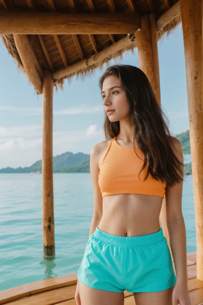 her name is Annie, high quality, 1girl, ((20-year-old fit Caucasian woman)), ((20 years old)), ((fit)) black long hair, pose: standing, wearing bright colored unique g gen Z modern wear, BACKGROUND: Woke up to the sight of overwater bungalows surrounded by clear turquoise waters and vibrant coral reefs."