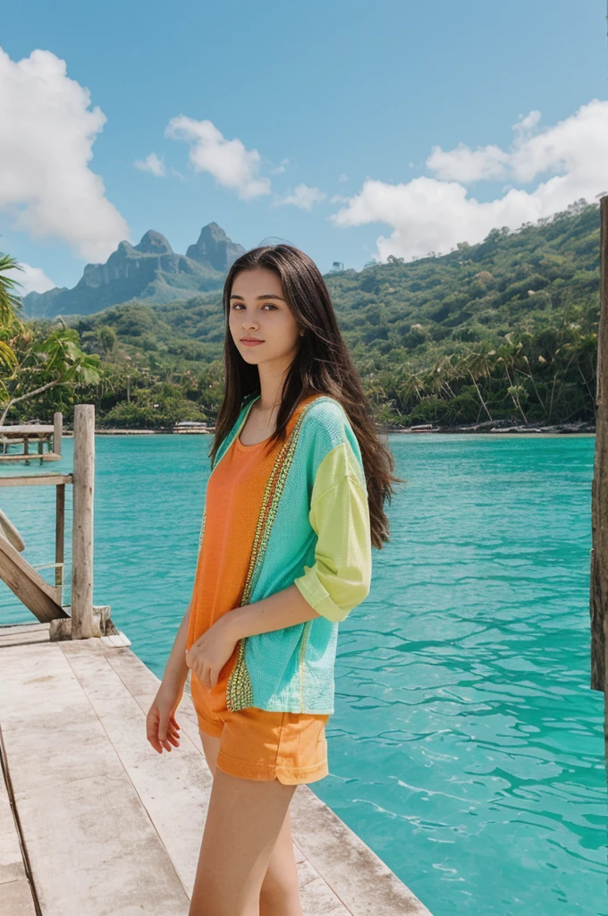 her name is Annie, high quality, 1girl, ((20-year-old fit Caucasian woman)), ((20 years old)), ((fit)) black long hair, pose: standing, wearing bright colored unique g gen Z modern wear, BACKGROUND: Woke up to the sight of overwater bungalows surrounded by clear turquoise waters and vibrant coral reefs."