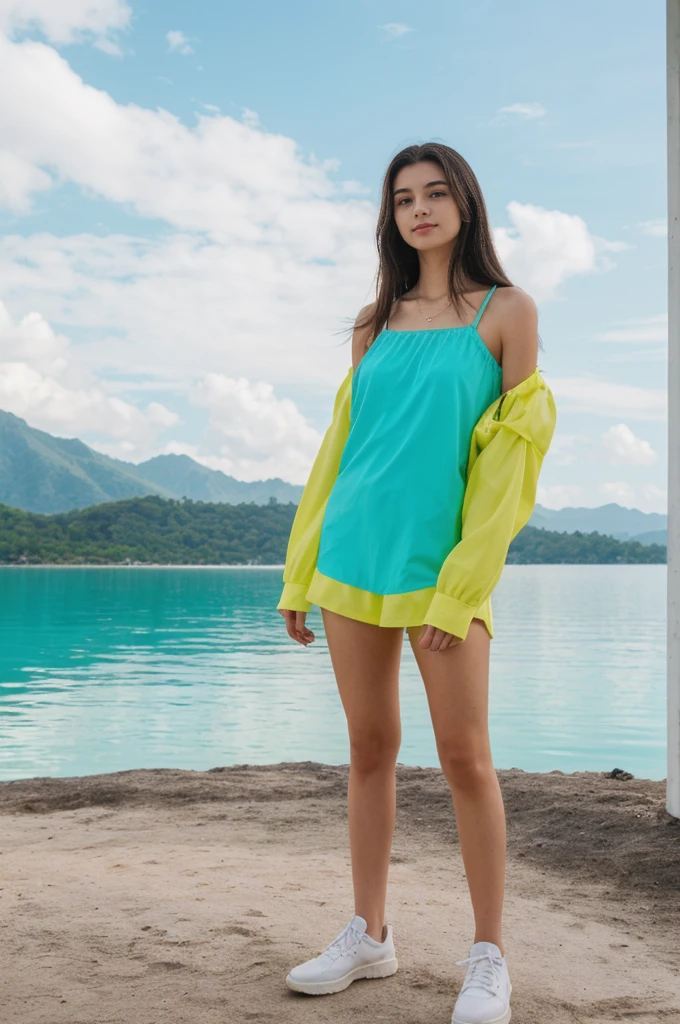 her name is Annie, high quality, 1girl, ((20-year-old fit Caucasian woman)), ((20 years old)), ((fit)) black long hair, pose: standing, wearing bright colored unique g gen Z modern wear, BACKGROUND: Woke up to the sight of overwater bungalows surrounded by clear turquoise waters and vibrant coral reefs."