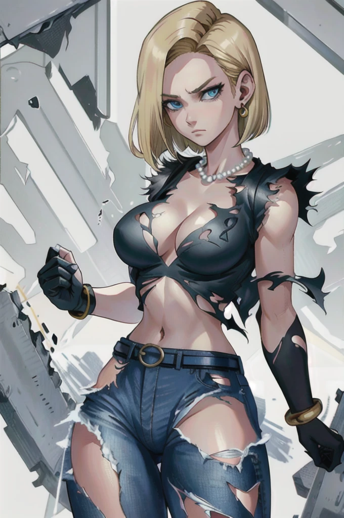 best quality, high definition, and18, 1girl, Android 18, solo, blonde hair, blue eyes, belt, jeans, pearl_necklace, bracelet, black gloves, cleavage, white shirt, short hair, short sleeves, earrings, blue pants, open vest, black vest, big breasts, wide hips, ass, legs apart, city, (torn clothes: 1.5), erotica, standing, expressionless,