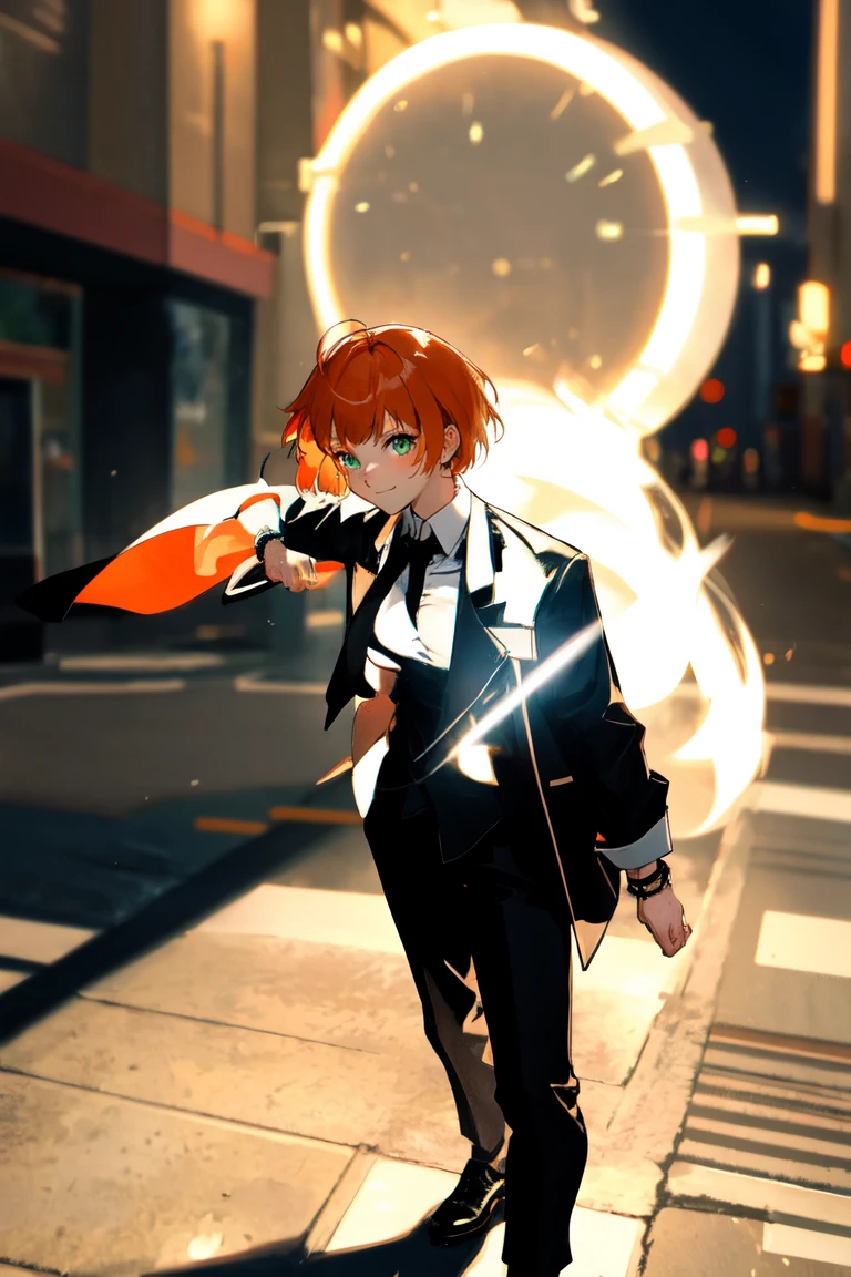 masterpiece, best quality, highly detailed background, perfect lighting, best quality, (extremely detailed face), volumetric lighting, intricate details, shadow, tonemapping, sharp focus, hyper detailed, trending on Artstation, (solo)
BREAK
(Blush, orange hair, green eyes, 25 years old, short hair, medium build, medium breasts ), (hands)
BREAK
((White shirt, long sleeve shirt, black pants, black tie, red bracelet))
BREAK
(city street )
BREAK
(Standing, facing_viewer,looking_at_viewer, light smile, closed mouth, (fighting pose))