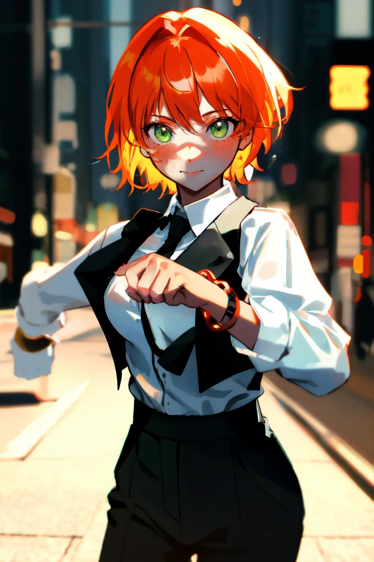 masterpiece, best quality, highly detailed background, perfect lighting, best quality, (extremely detailed face), volumetric lighting, intricate details, shadow, tonemapping, sharp focus, hyper detailed, trending on Artstation, (solo)
BREAK
(Blush, orange hair, green eyes, 25 years old, short hair, medium build, medium breasts ), (hands)
BREAK
((White shirt, long sleeve shirt, black pants, black tie, red bracelet))
BREAK
(city street )
BREAK
(Standing, facing_viewer,looking_at_viewer, light smile, closed mouth, (fighting pose))