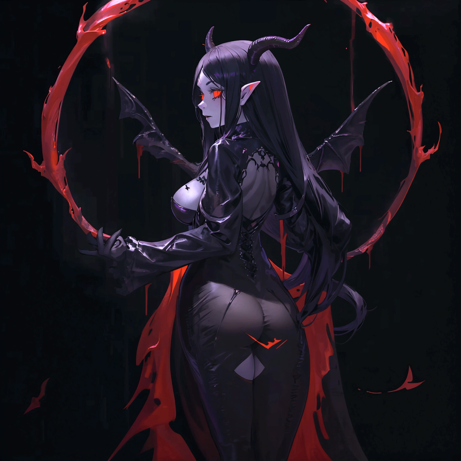 a gothic sexy succubus with long demon horns, has crimson red skin, wearing black bodysuit, in a dark black room, has a feint aura, lit up from behind her, large covered breasts