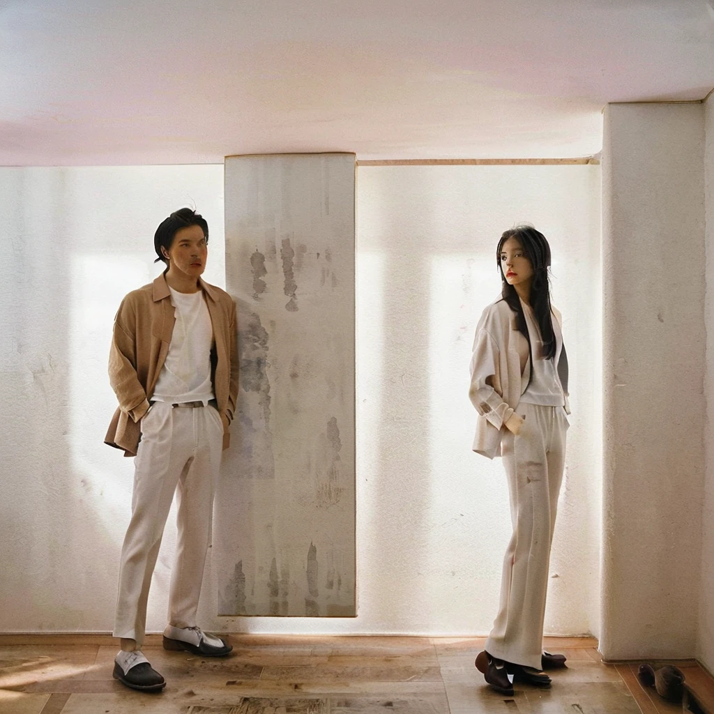 a fashionably dressed man with an air of sophistication along with his very beautiful female partner. He wore casual yet elegant clothes, consisting of a suit, stylish hat. He wore white trousers and an elegant jacket with high healing. The background is a wall with a stunning mix of ink splashes, creating a modern and artistic atmosphere. Playful ink splashes mix with the splendor of the painting, striking a harmonious balance between style and creativity. The couple's confident poses and the artist's skillful brushwork come together to create an image of unsurpassed elegance and refinement.fashion, photo